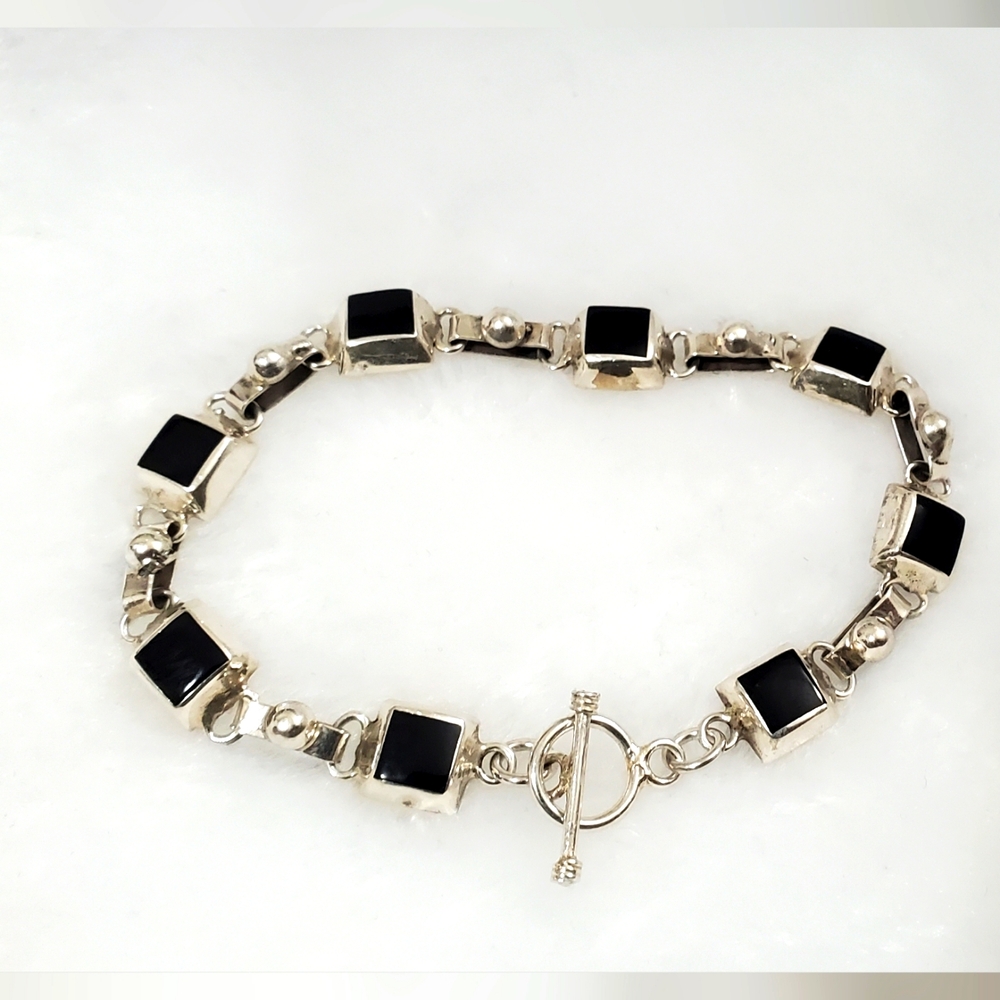 Vtg. Sterling Silver & Black Onyx Bracelet